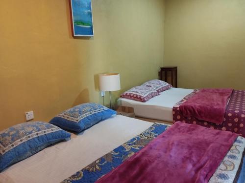 Zimmer mit 2 Betten und 2 Kissen in der Unterkunft Bohok Guesthouse in Pantai Cenang