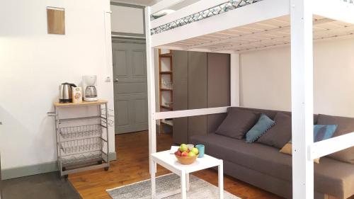 a living room with a couch and a bunk bed at La Maison bleue, un emplacement de choix à Rodez in Rodez