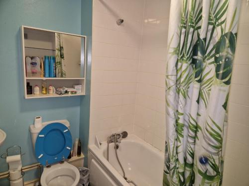 a bathroom with a toilet and a shower curtain at Remarkable 1-Bed Apartment in Northampton Town cen in Northampton