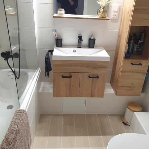 une salle de bain avec un lavabo, des toilettes et une douche dans l'établissement F1 avec piscine dans résidence privée, à Bagnols-en-Forêt