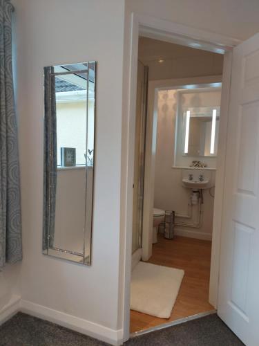 W łazience znajduje się lustro i umywalka. w obiekcie Hot Tub Hideaway w mieście Hemyock