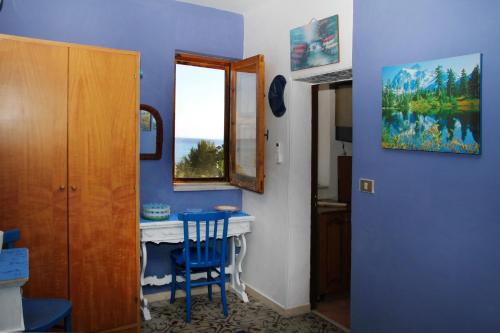 Habitación azul con escritorio y ventana en OASI SICILIANA, en Caronia
