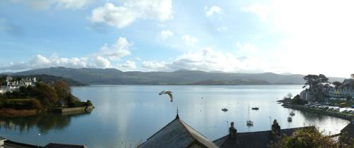 a bird flying over a large body of water at Bryn Gwyn & Tegfryn - Pair of 4 Bedroom Cottages - Sea & Mountain Views Borth y Gest in Porthmadog