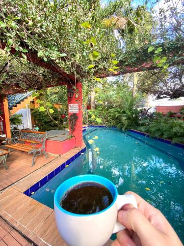 a person holding a cup of coffee next to a swimming pool at Hotel Centro Villarrica in Villarrica
