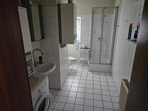 a white bathroom with a shower and a sink at FeWo2 Köthen 