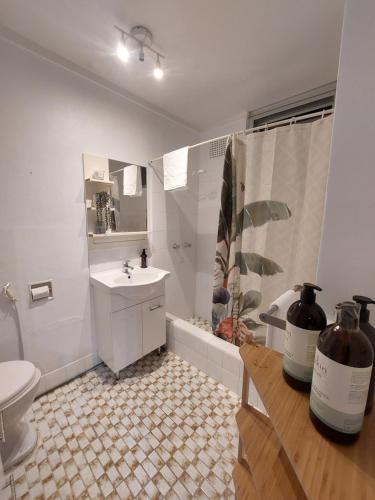 a bathroom with a sink and a shower and a toilet at Sunny studio and the best view of the city, Glebe in Sydney