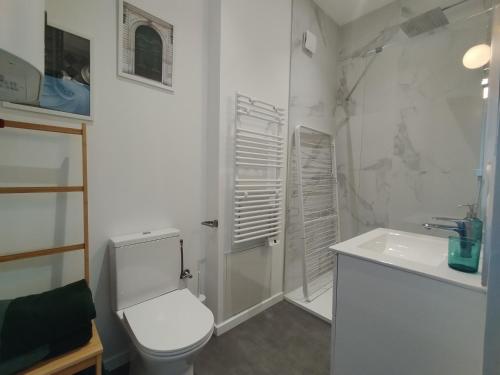 a white bathroom with a toilet and a sink at Résidence Beaudelot in Saint-Saulve