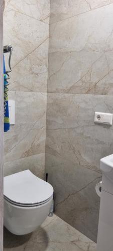 a bathroom with a white toilet and a marble wall at Šolena in Alytus