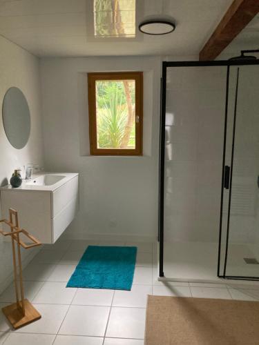 een badkamer met een bad, een wastafel en een douche bij Le gîte de la rue in Gréville-Hague