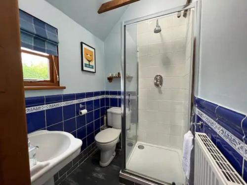 y baño con aseo, lavabo y ducha. en Pass the Keys The Granary the perfect Country Cottage all year en Ashford