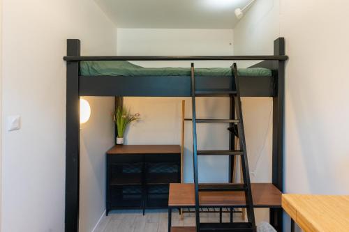 Letto a castello in camera con scrivania e scala. di Appartement cozy - Neuilly Plaisance - 30min PARIS a Neuilly-Plaisance
