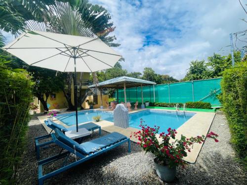 a pool with a chair and an umbrella at Hotel La Fiore de Bahia in Uvita