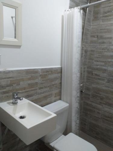 een badkamer met een wastafel, een toilet en een douche bij Habitación independiente con baño privado in San Pedro