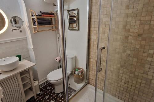 a bathroom with a shower and a toilet and a sink at Studio cosy à Collioure à deux pas de la plage et du centre in Collioure