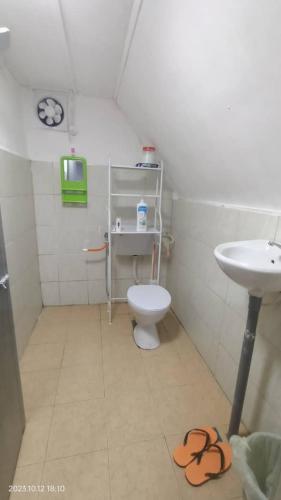 een kleine badkamer met een toilet en een wastafel bij Nour Homestay in Kaki Bukit