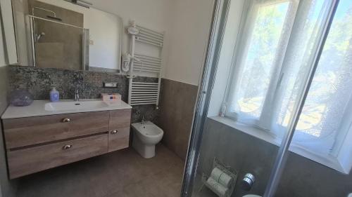 a bathroom with a sink and a toilet and a shower at Tana della Lavanda in Montefiorino