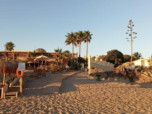 una playa de arena con palmeras y un edificio en Seaside House, bellísima casa en Marbella en Marbella