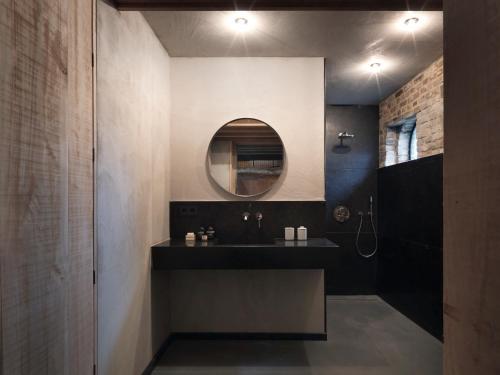 a bathroom with a sink and a mirror at Hoeve Appartement aan de rand van Maastricht met natuurzwembad in Berg en Terblijt