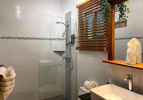 a bathroom with a shower and a sink at Bahia Residence Cabarete in Cabarete