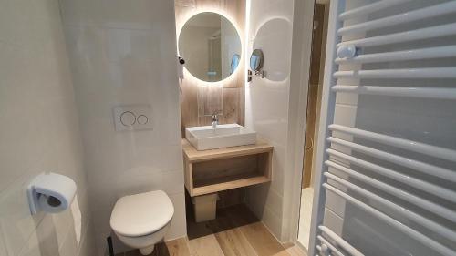 a bathroom with a toilet and a sink and a mirror at La Vigie Vacances in Les Sables-dʼOlonne