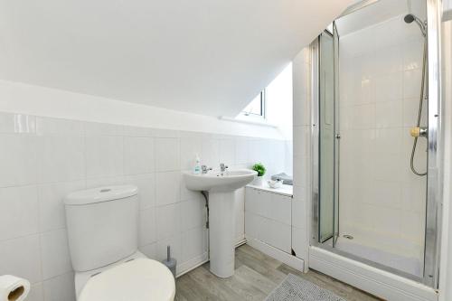 a white bathroom with a toilet and a sink at Spacious 2 bedroom apartment in the heart mumbles in The Mumbles
