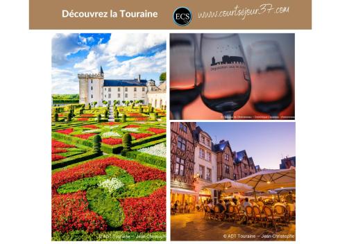 un collage de photos avec des verres à vin et un jardin dans l'établissement L'Etape Tourangelle, à Tours