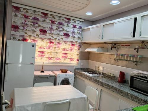 kuchnia z białymi szafkami, pralką i suszarką w obiekcie Appartement la vallée w mieście Safi