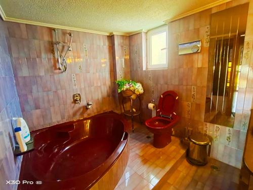 a bathroom with a red tub and a toilet at 爱心小屋 温馨如家 in Piraeus