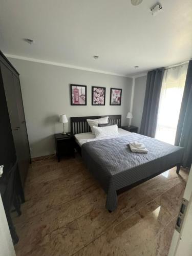 a bedroom with a bed and a window at Merkel Villa Apartamente in Wiesbaden