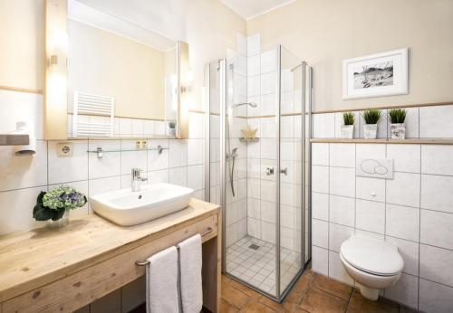 a bathroom with a shower and a sink and a toilet at Hotel Hinrichs in Carolinensiel