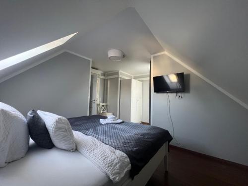 a bedroom with a bed in a attic at Merkel Villa Apartamente in Wiesbaden