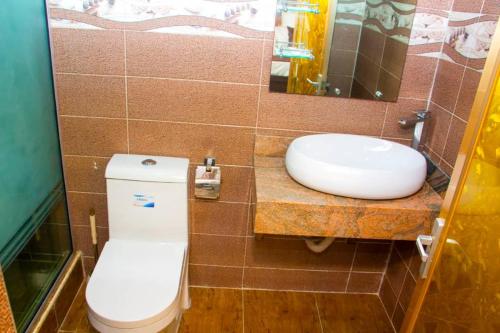 a bathroom with a toilet and a sink at ERiTH APARTMENT & SUITES in Ikeja