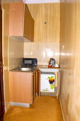 a small kitchen with a sink and a stove at ERiTH APARTMENT & SUITES in Ikeja
