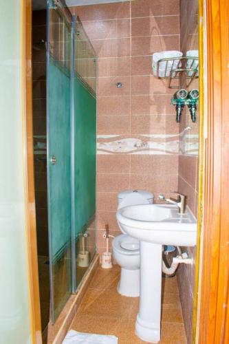 a bathroom with a toilet and a sink and a shower at ERiTH APARTMENT & SUITES in Ikeja