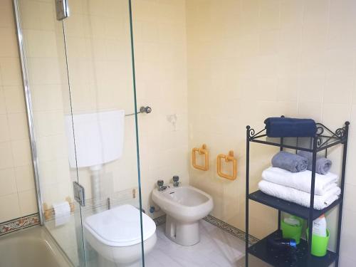 ein Bad mit einer Dusche, einem WC und einem Waschbecken in der Unterkunft Caparica Ocean View in Costa da Caparica
