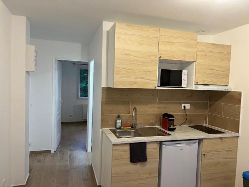 une cuisine avec un évier et un micro-ondes dans l'établissement Appartement lumineux près métro, à Saint-Denis