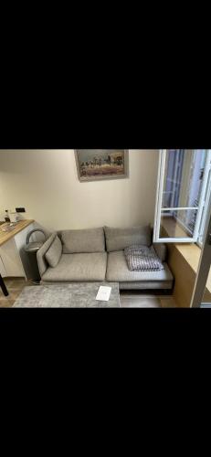 ein Wohnzimmer mit einem Sofa und einem Tisch in der Unterkunft Appart au cœur de Bastille in Paris