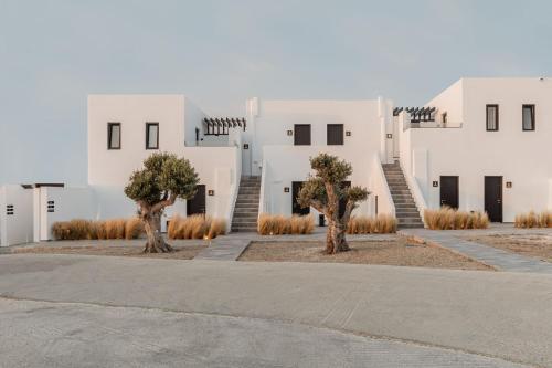 a white building with trees in front of it at Laguna Suites in Mazera Mykonos in Mýkonos City