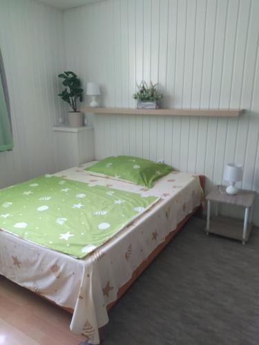 een bed in een kamer met een groene deken bij Kolpingház Pécs in Pécs