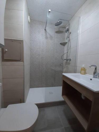 une salle de bain avec une douche, des toilettes et un lavabo dans l'établissement Appartement vue panoramique au pied des pistes, à La Ferrière