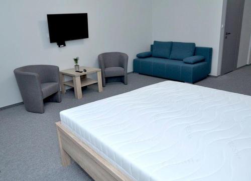 Habitación con cama, sofá y TV. en Pokoje, Apartamenty, Restauracja Marcus, en Oborniki
