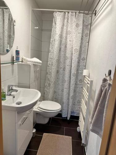a bathroom with a sink and a toilet and a shower at City Apartment in Sankt Ingbert