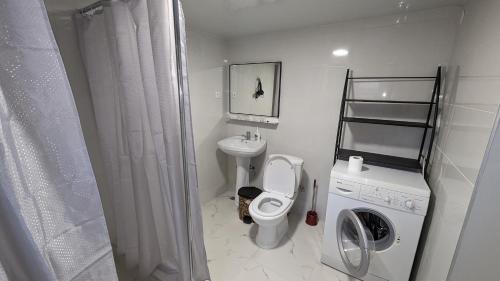 a white bathroom with a toilet and a washing machine at White Orchid in Mtskheta