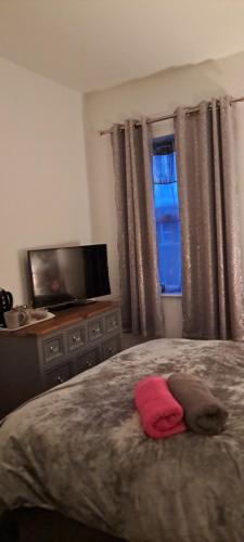 Schlafzimmer mit einem Bett, einem TV und einem Fenster in der Unterkunft Cosy Double Room in Harrogate