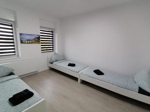 two beds in a white room with two windows at estrella24 LIVING ROOMS Singapur in Herne