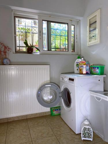 a laundry room with a washing machine and a window at nicole's home in Athens