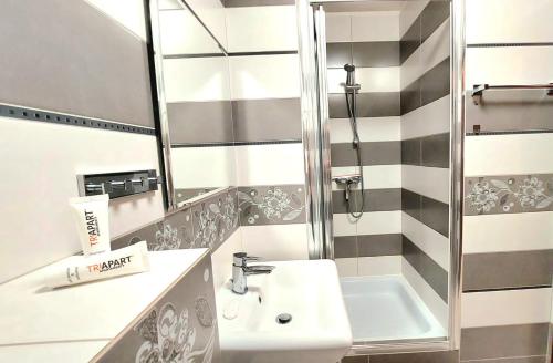 a bathroom with a sink and a shower at Morza Szum Jantar TriApart in Jantar