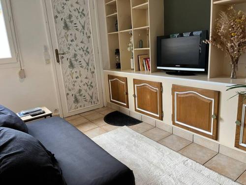 ein Wohnzimmer mit einem Sofa und einem TV in der Unterkunft Dépendance campagne Rouennaise in Belbeuf
