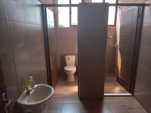 a bathroom with a toilet and a sink and a shower at El Molino Lodging/Restaurant in Torotoro