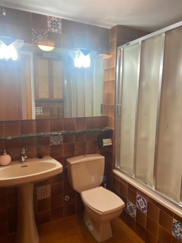 een badkamer met een toilet, een wastafel en een douche bij Apartamento en L Ampolla in L'Ampolla